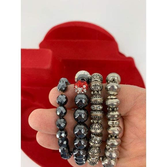 Lot of 4 Beaded Bracelets Black Glass Faceted Beads and Metal Imprint Beads 0619 - Picture 2 of 5
